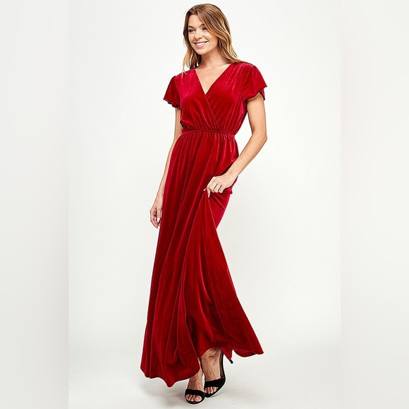 Velvet Maxi Dress Flutter Sleeve Formal V Neck Long Gown Red NWT - Picture 6 of 8